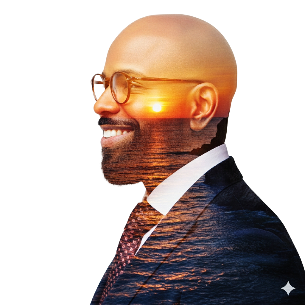 Markell Eric Byrd, portrait with sunset double exposure